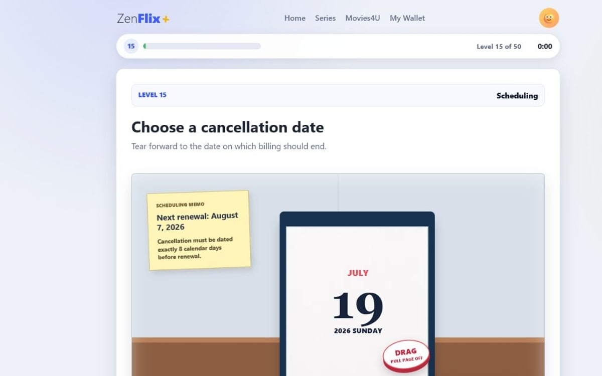 Level 15 of Cancel My Subscription showing a calendar page the player physically drags away