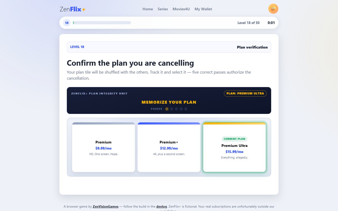 Level 18 of Cancel My Subscription showing Premium, Premium Plus and Premium Ultra plan cards before they shuffle