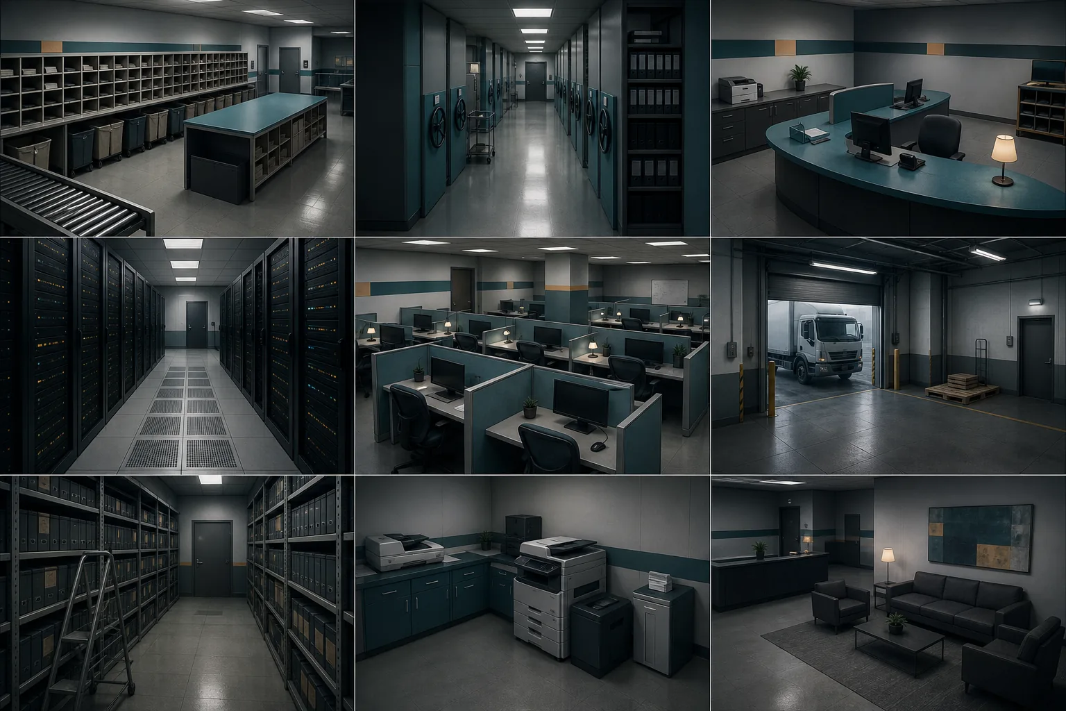 Nine connected office CCTV views used as the background for the Level 30 motion-verification challenge